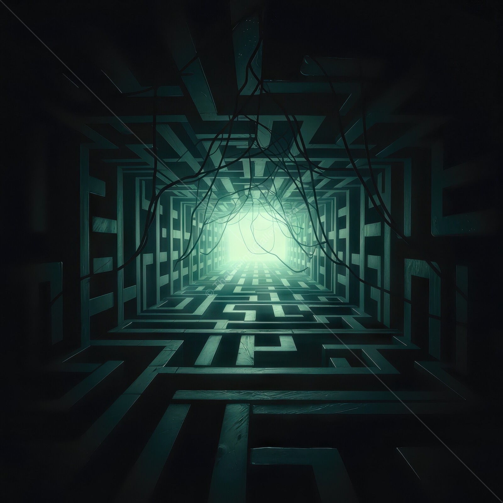 Exploring the mysterious labyrinth illuminated by an ethereal glow at night