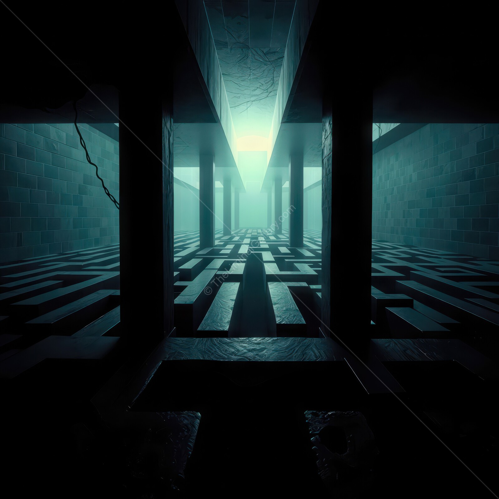 Mysterious liminal labyrinth illuminated by ethereal light casts shadows on cold, dark stone