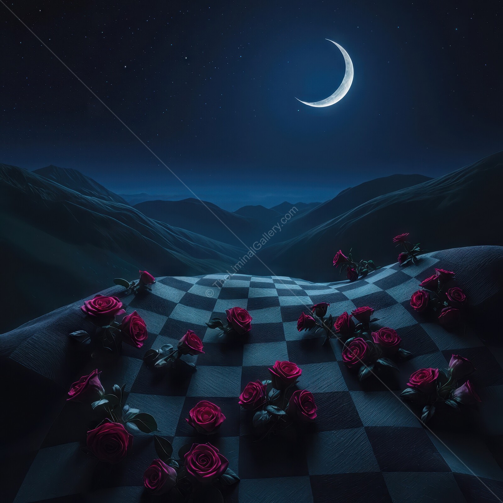 Mysterious liminal landscape under the crescent moon adorned with red roses on a chessboard path