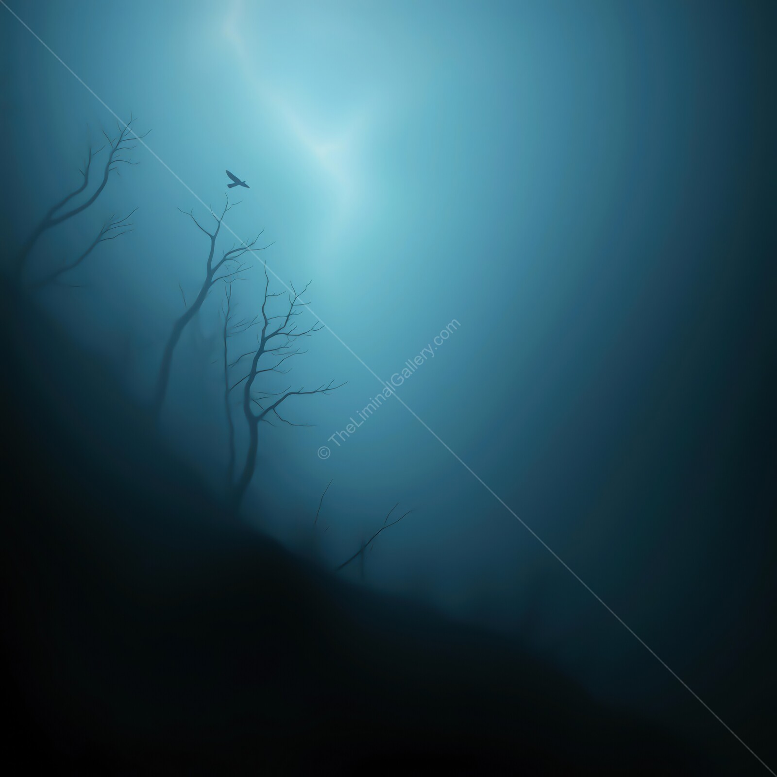 Mysterious liminal landscape enveloped in fog with a solitary bird soaring above dark silhouettes