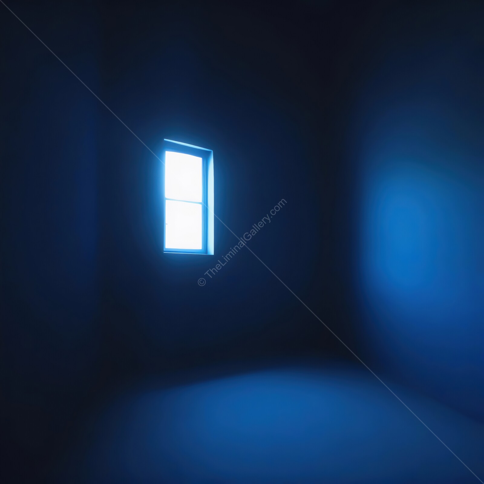Mysterious liminal blue-lit room with a single window casting an ethereal glow at twilight