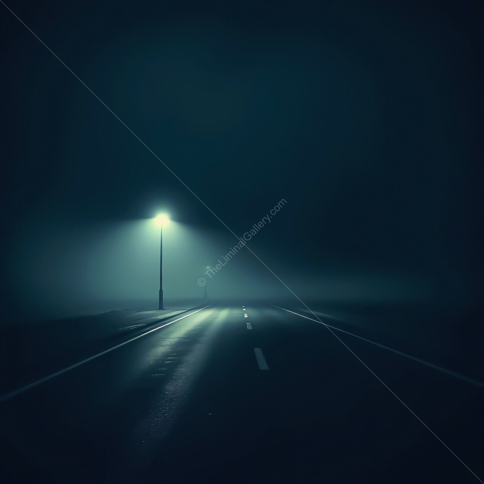 Mysterious liminal night road illuminated by streetlight under a thick fog