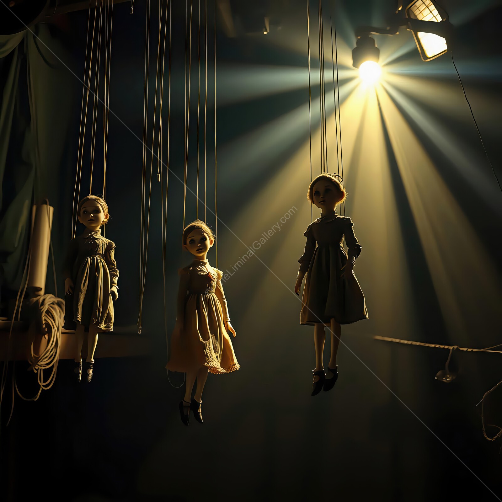 Mysterious puppets suspended under dramatic lighting in an enchanting theater setup