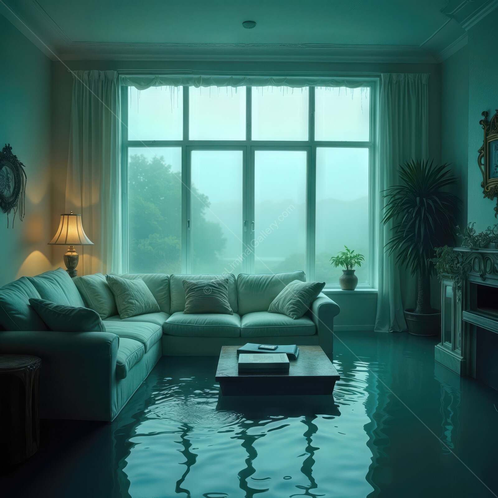 Mysterious tranquility envelops a flooded living room bathed in soft turquoise light