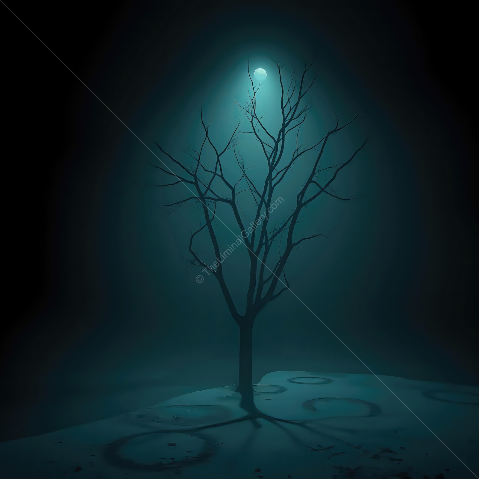 Mysterious tree stands alone under the moonlight in an eerie foggy landscape