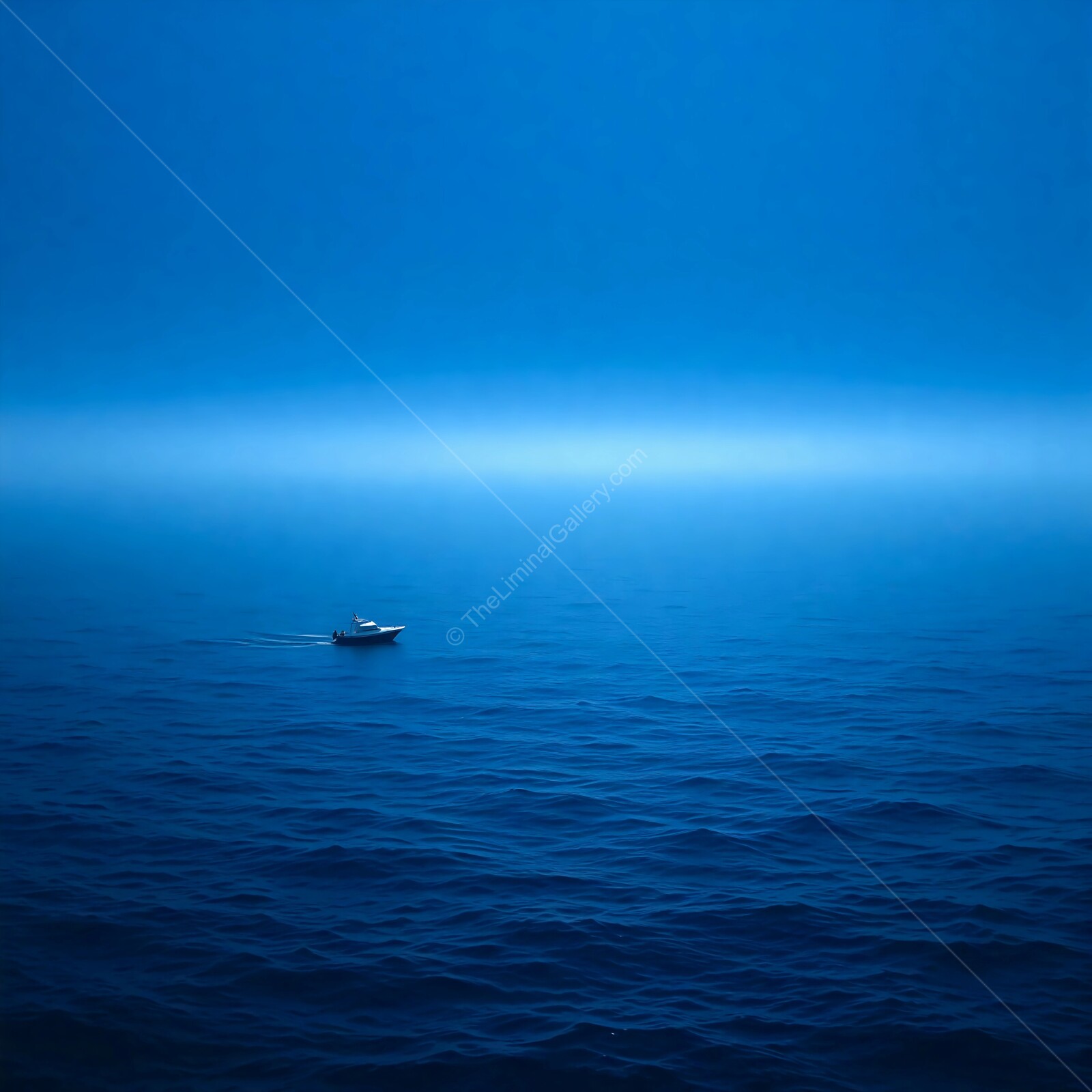 Mysterious liminal voyage across the endless blue ocean at dawn, revealing tranquility and isolation in nature