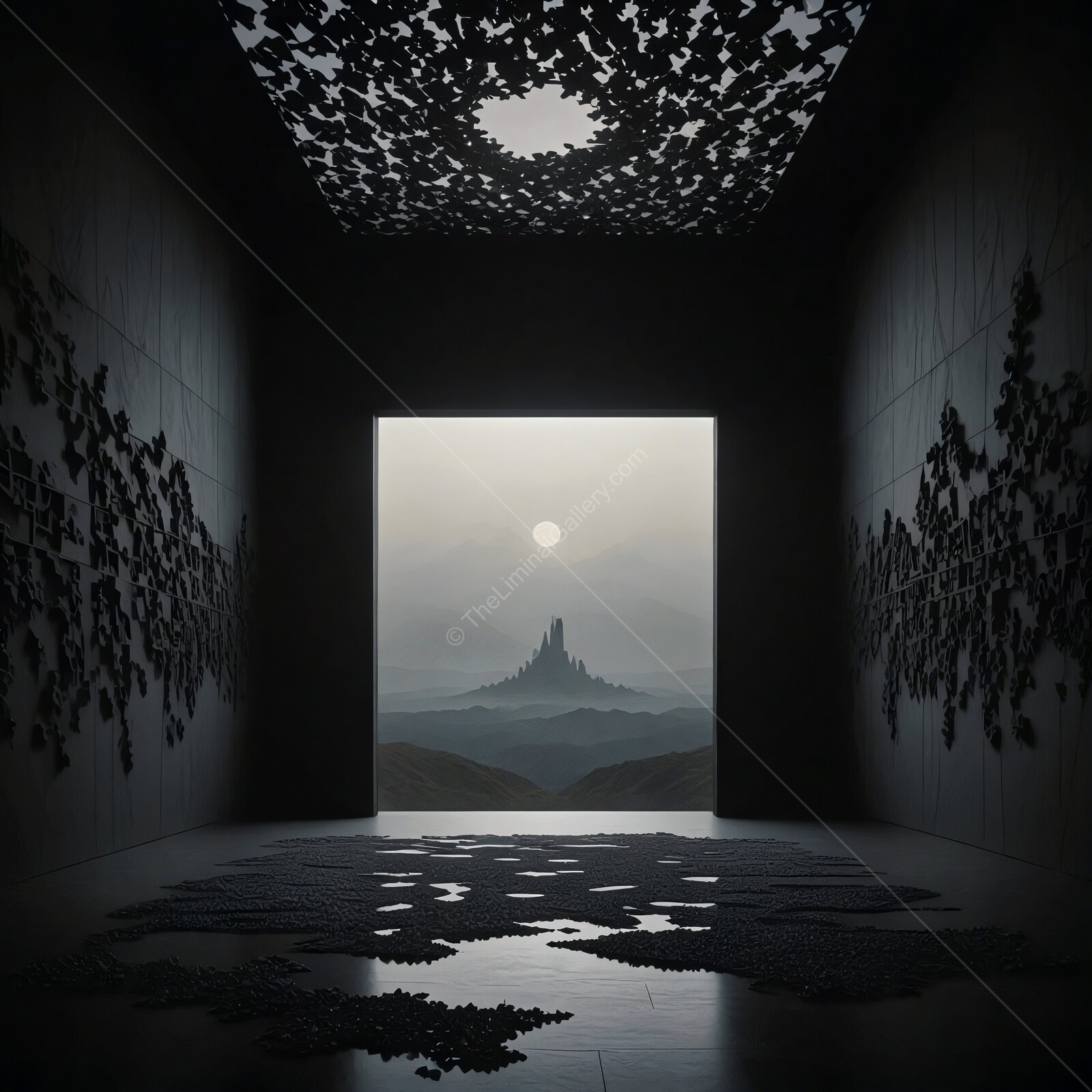 Mystical corridor opens to a serene landscape framed by intricate shadows