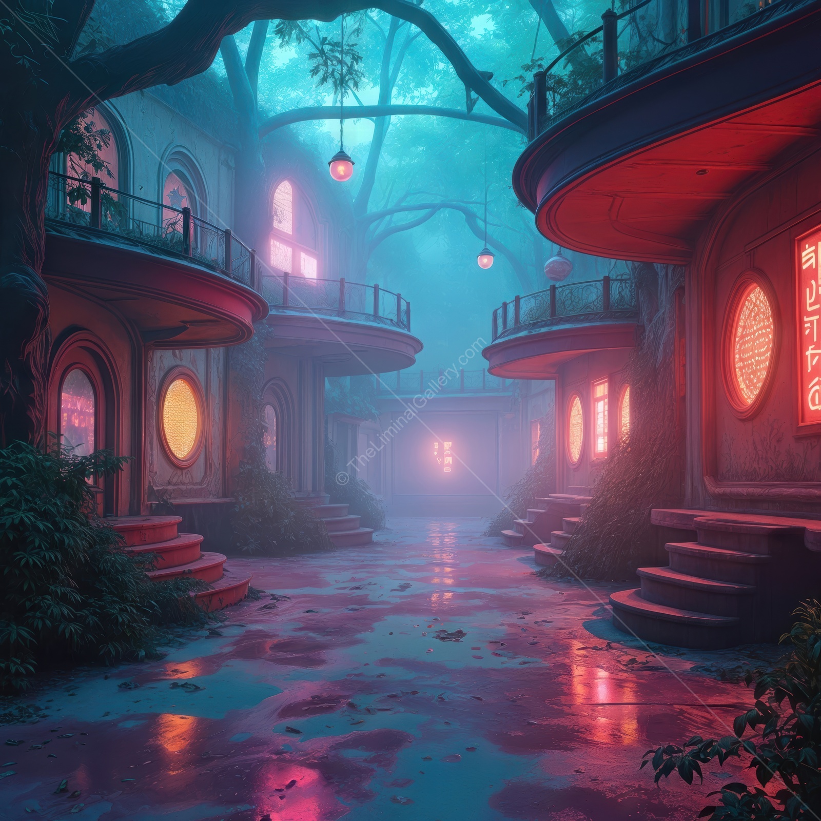 Liminal twilight bathes a mystical courtyard; glowing windows peek through lush leaves and swirling fog, inviting quiet exploration and serene reflection
