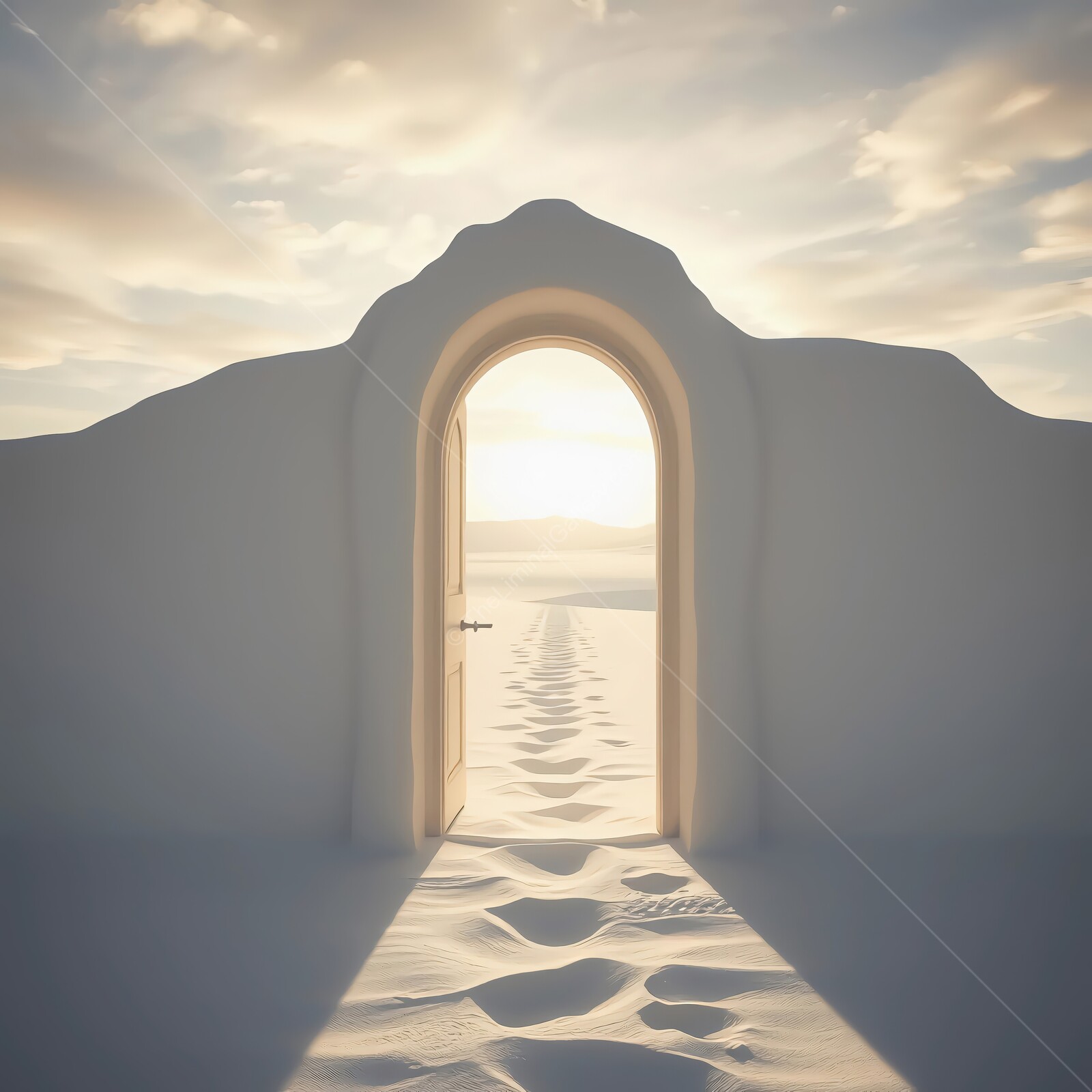 Mystical doorway in a sandy landscape under a breathtaking sky at dusk
