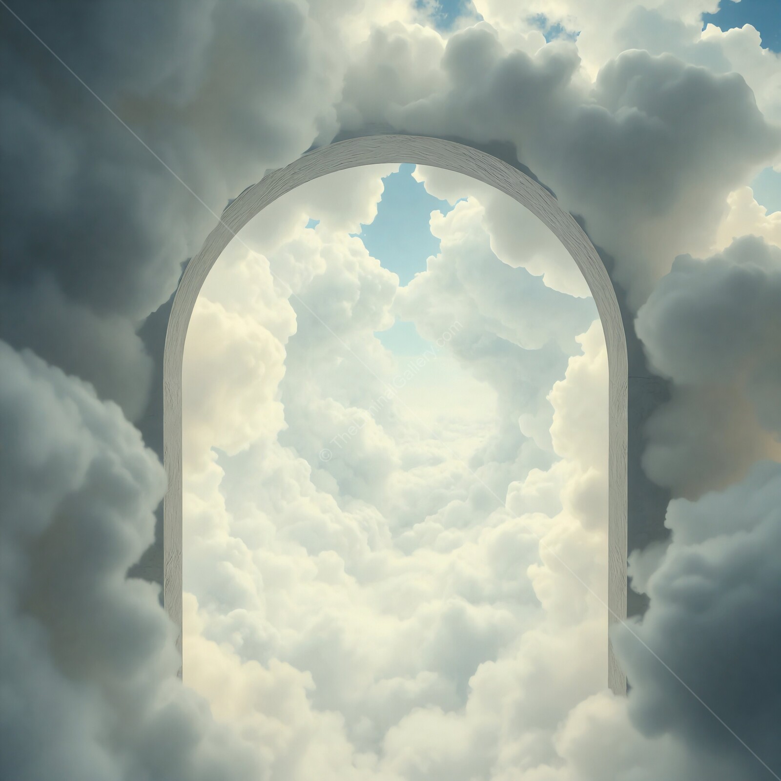 A mystical gateway of clouds opens to a serene blue sky filled with gentle sunlight
