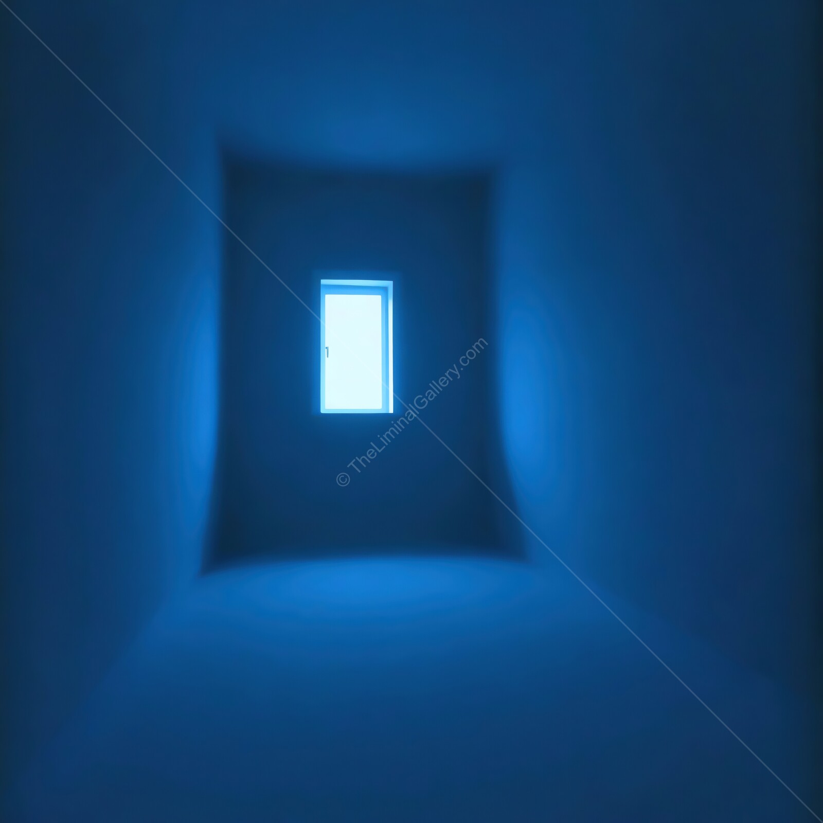 Mystical liminal blue room with a window casting ethereal light in a unique space