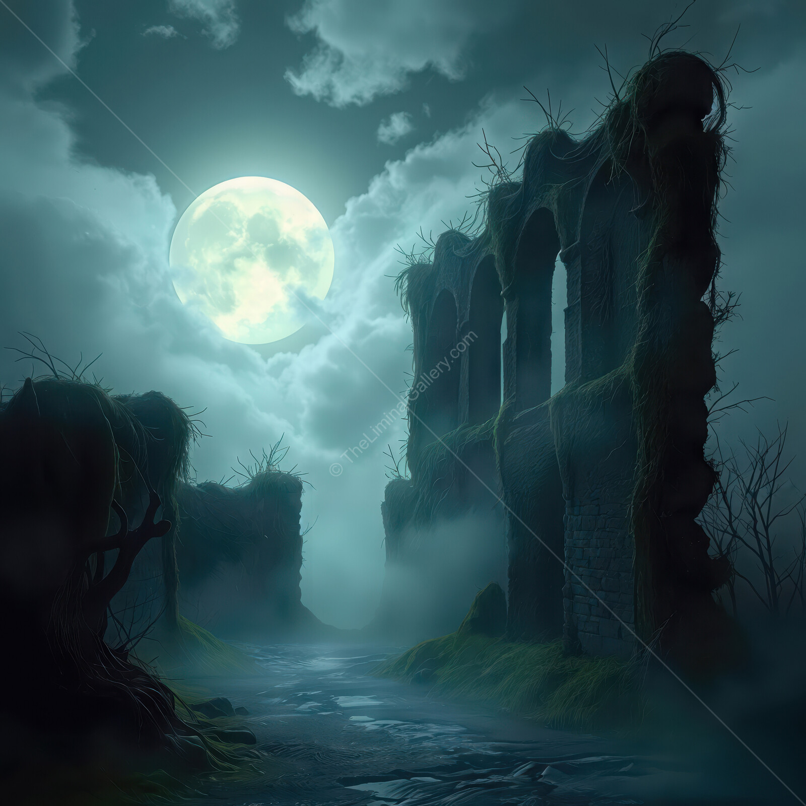 Mystical ruins illuminated by the full moon in an eerie landscape at night