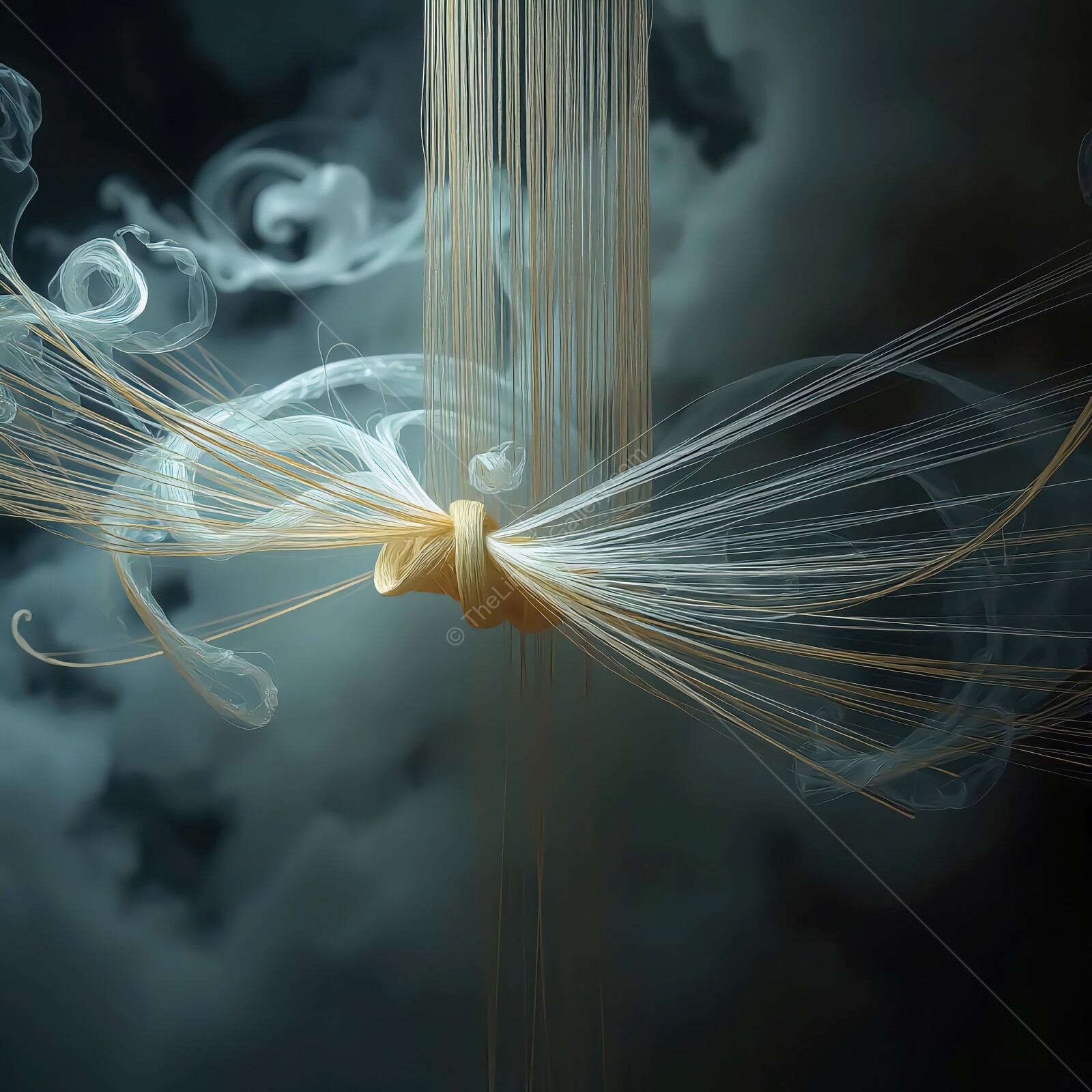 Mystical threads intertwine with wispy clouds in an ethereal dance at twilight's embrace