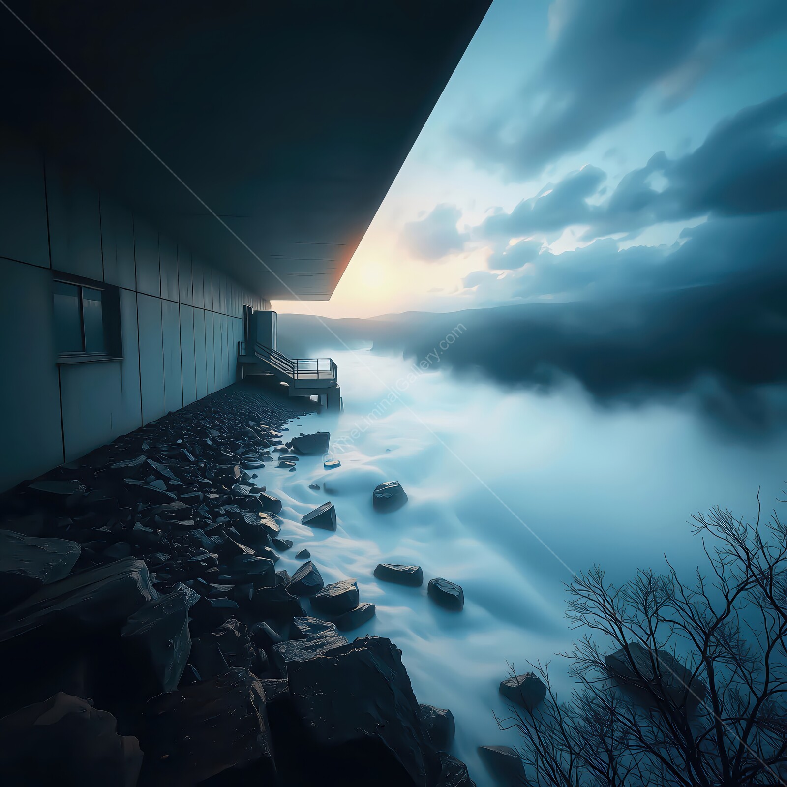 Mystical twilight over rocky shore with fog and modern architecture in serene landscape