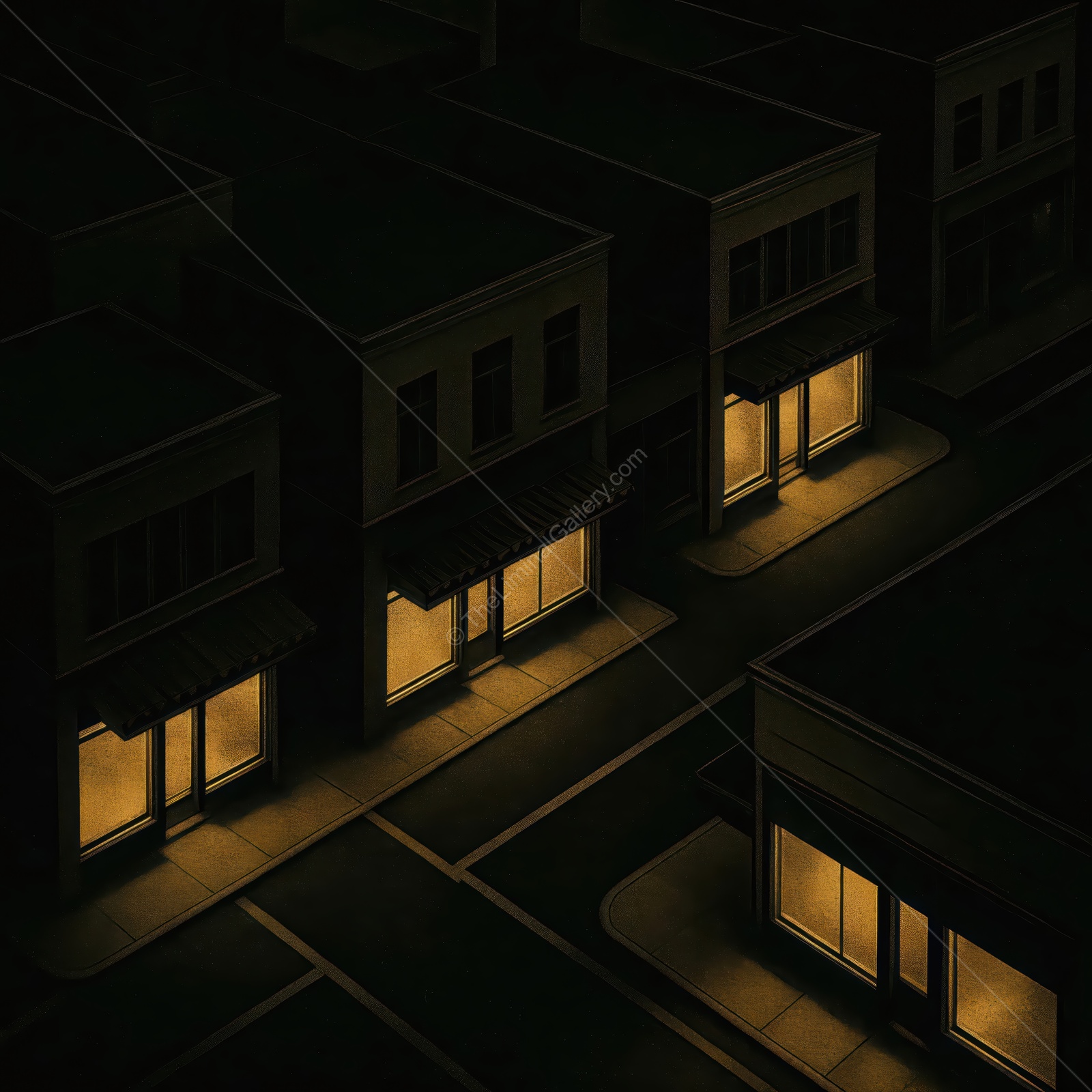 Quiet streets illuminated in warm glows create a hauntingly beautiful liminal space during the night