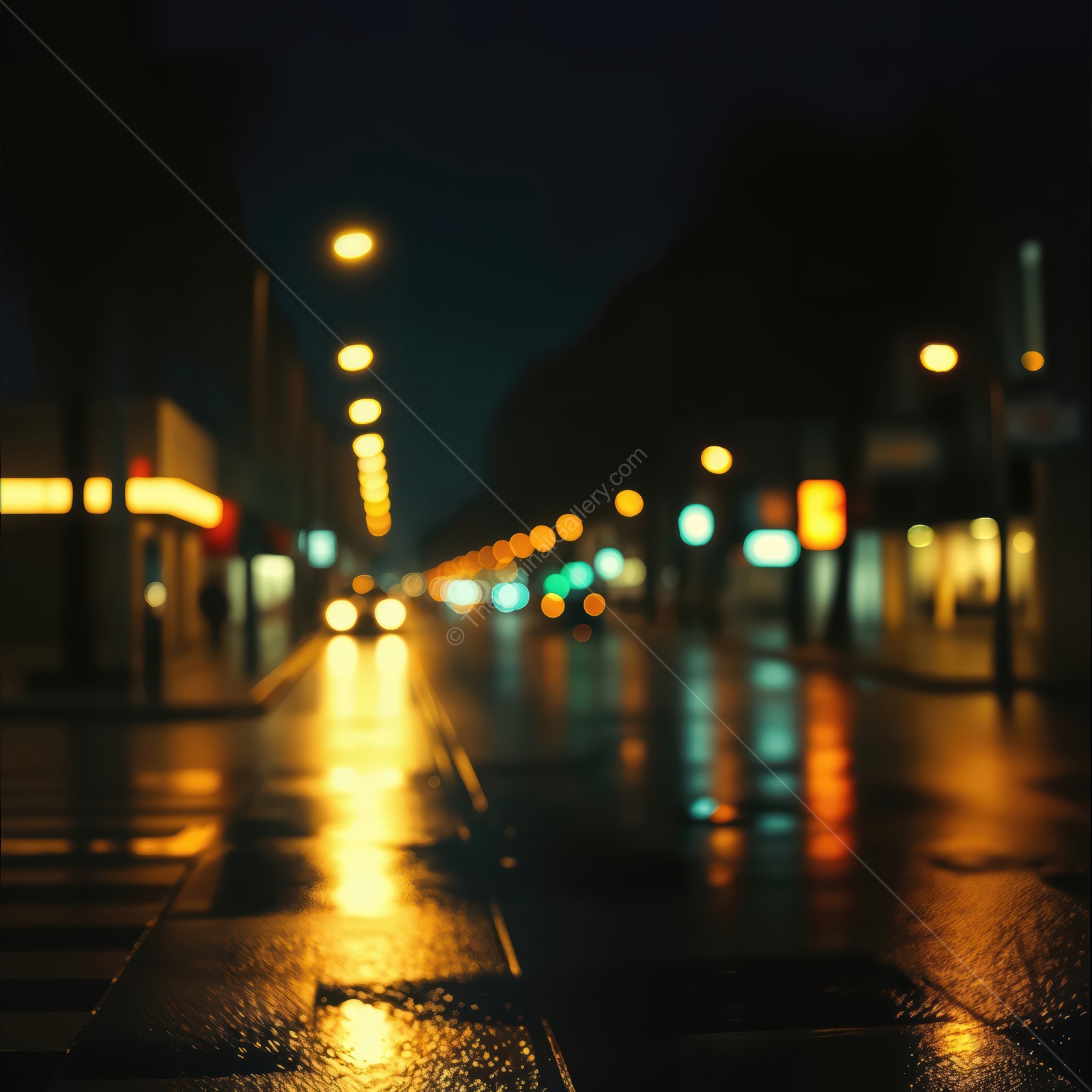 Mysterious night in a quiet city street with reflections and soft lighting