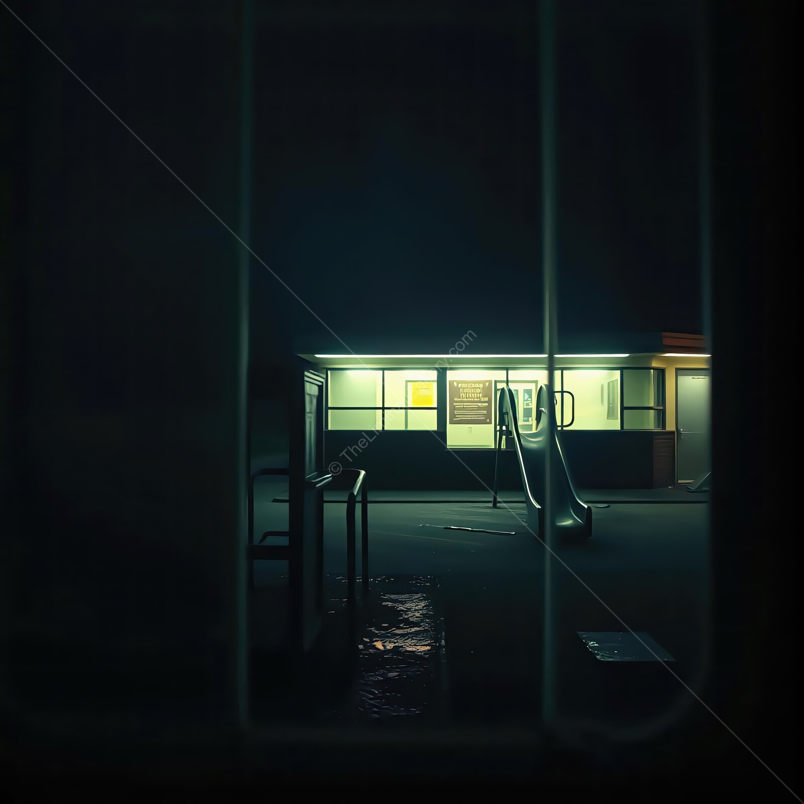 Nighttime liminal tranquility envelops an abandoned playground near a school building