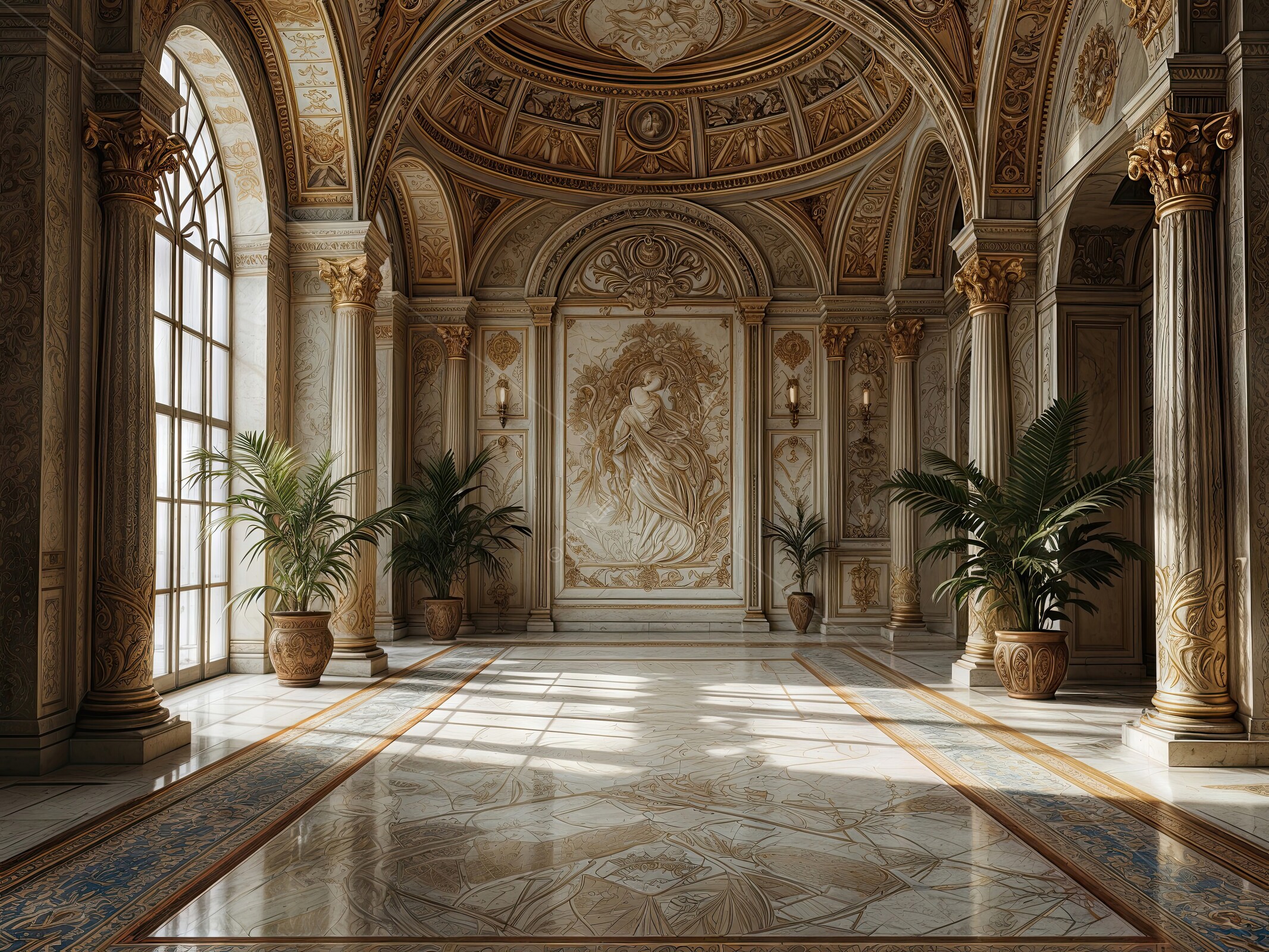 Sunlit opulent hall with intricate ornamentation and lush greenery exudes elegance; natural light highlights fine details, enriching the grand interior's beauty