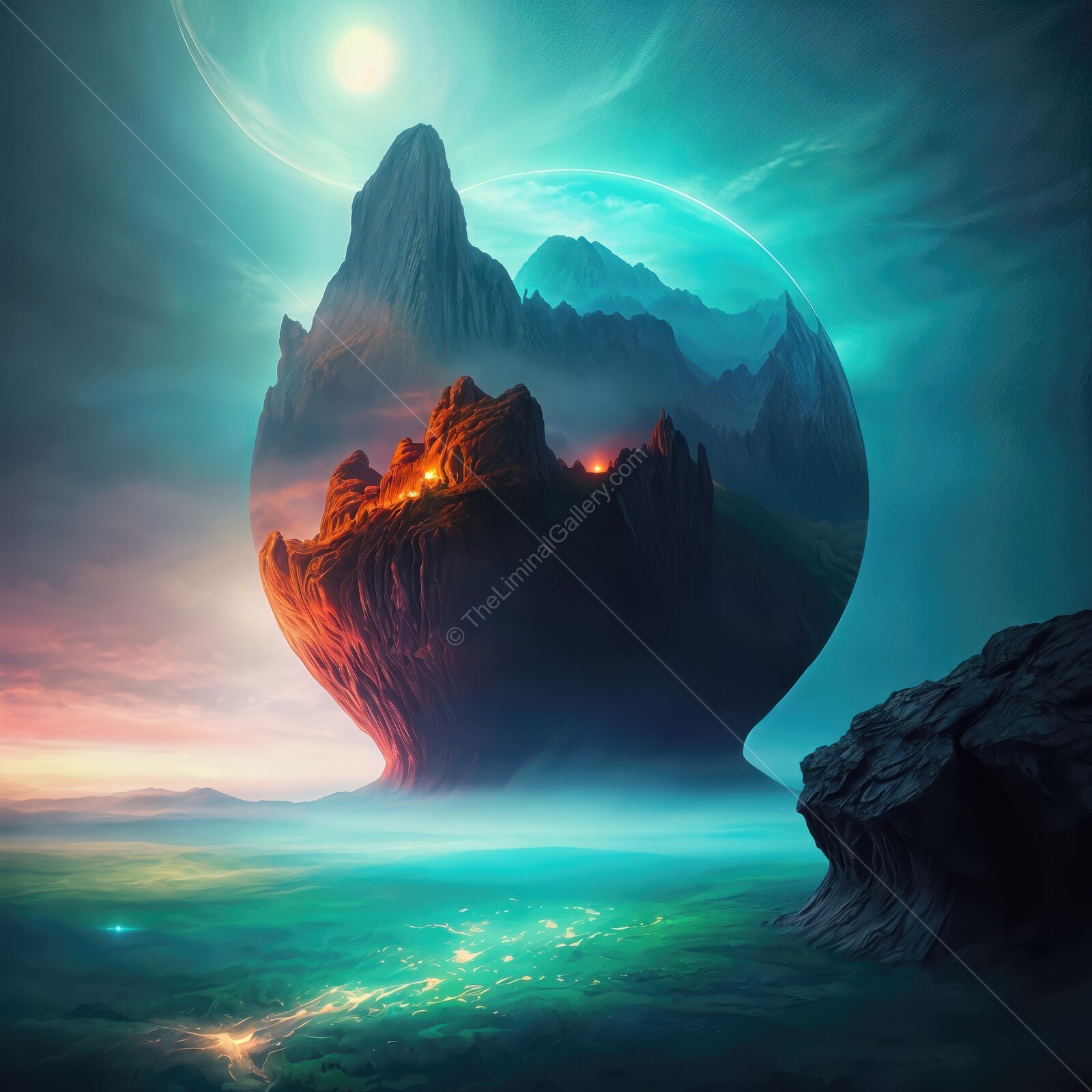 Mysterious landscape with floating mountains and ethereal colors at dawn
