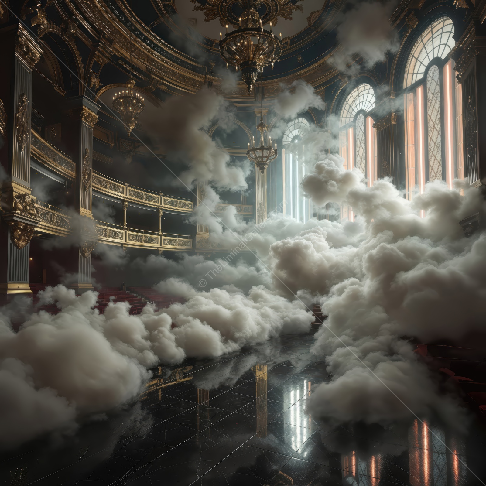 Mysterious hall enveloped in fog reveals architectural beauty and hidden stories at dusk