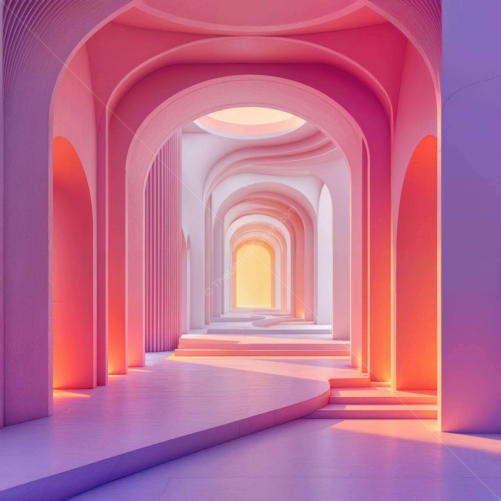 Liminal realm of pastel arches and mellow glow forms a surreal wonderland, enchanting visitors with dreamlike hues that spark curiosity and playful imagination