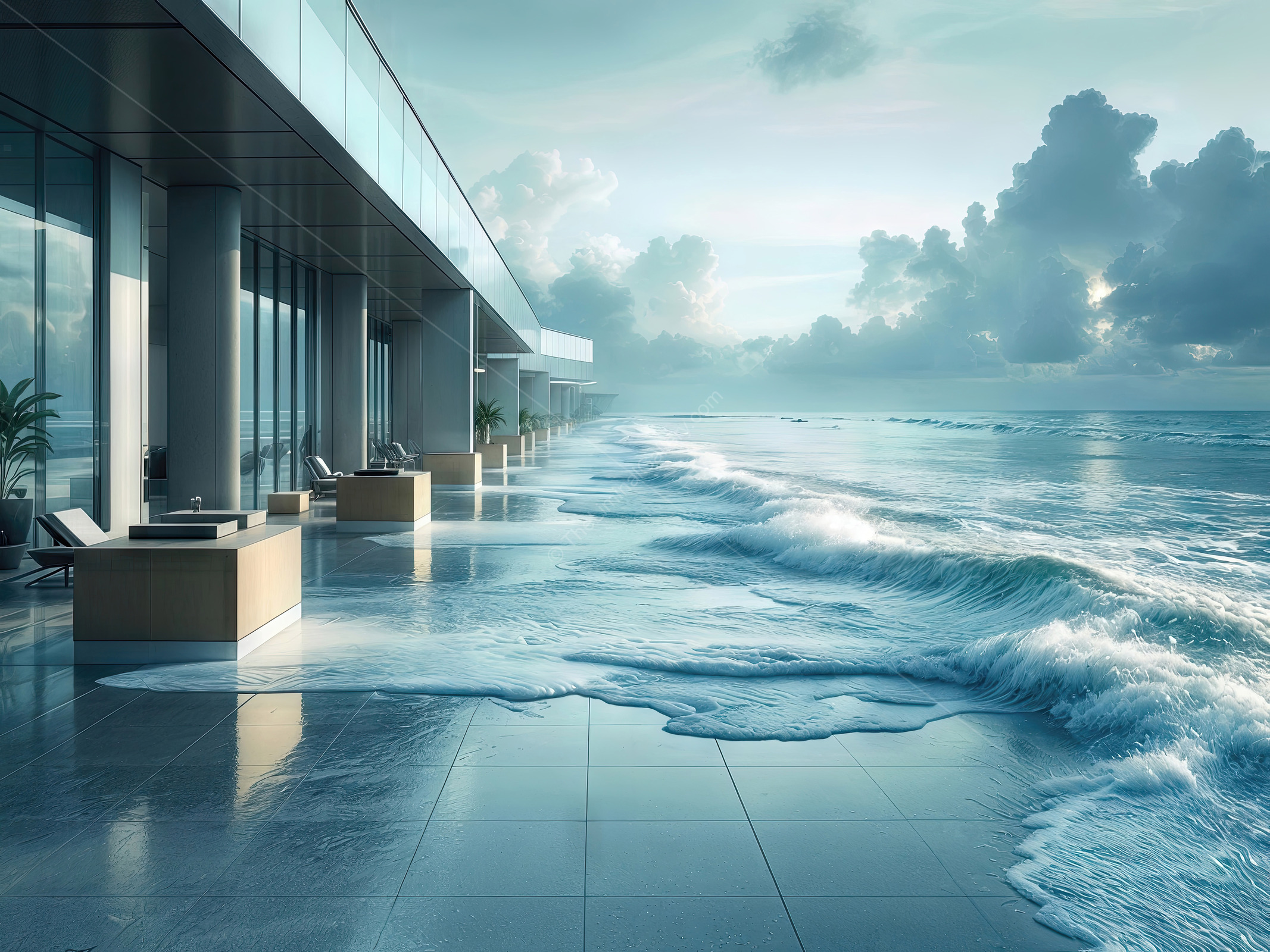 Soft dawn paints a liminal seaside resort where rhythmic waves and pastel skies meet, creating a timeless sanctuary for reflection and gentle reverie