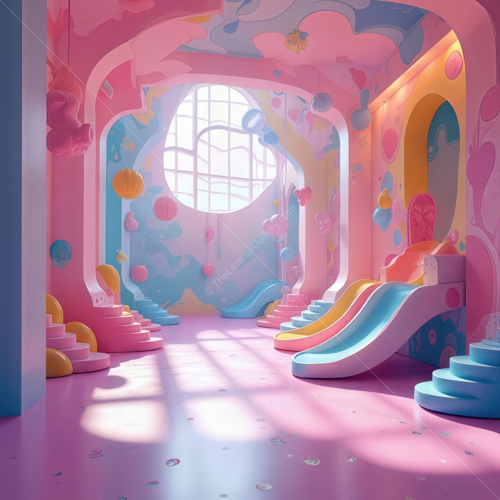 Pastel playroom alive with whimsical slides, rainbow details, and soft lighting invites children into a magical realm where imagination reigns and joy abounds