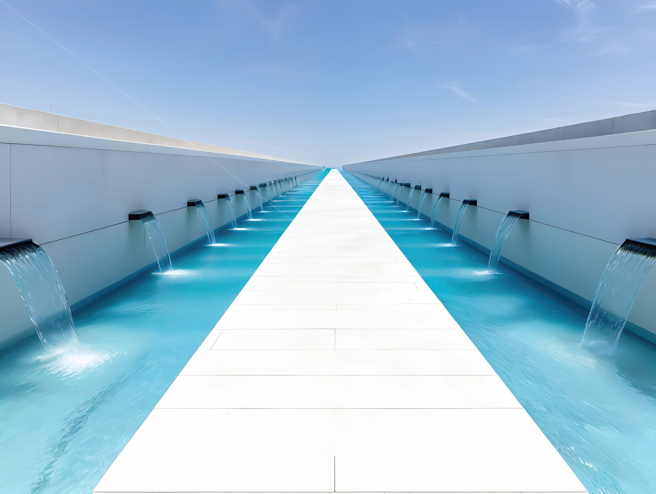 Reflective waters dance beneath a vibrant sky in a modern architectural marvel