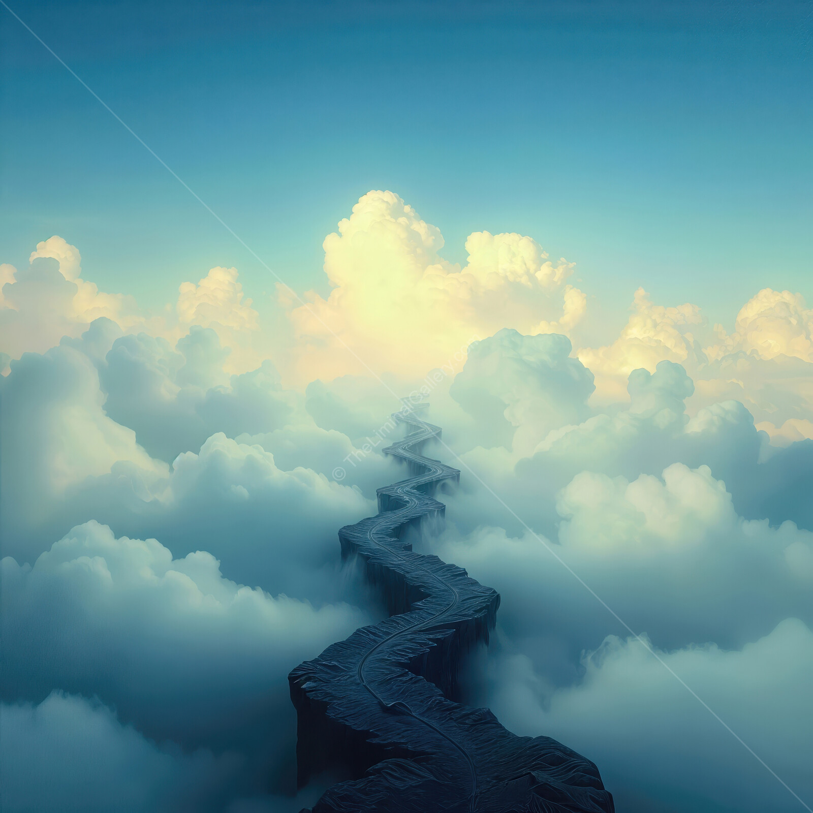 Pathway through the clouds leading to a serene horizon at twilight in a dreamy landscape