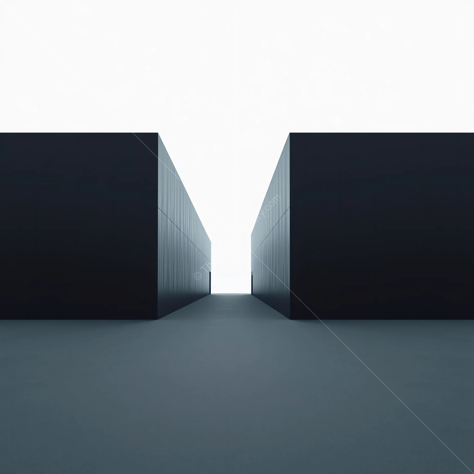 Mysterious pathway between two towering dark structures in a minimalist landscape at quiet dawn