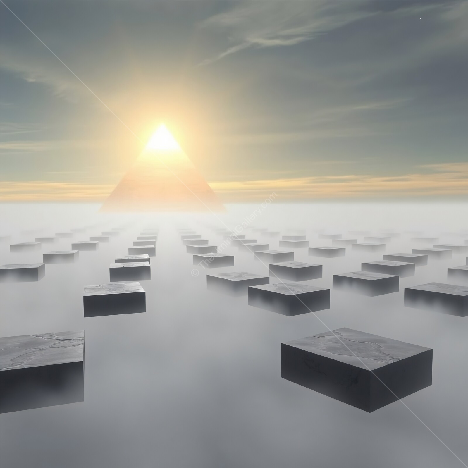 Mystical pyramids rise above a misty landscape, evoking a sense of wonder at dawn