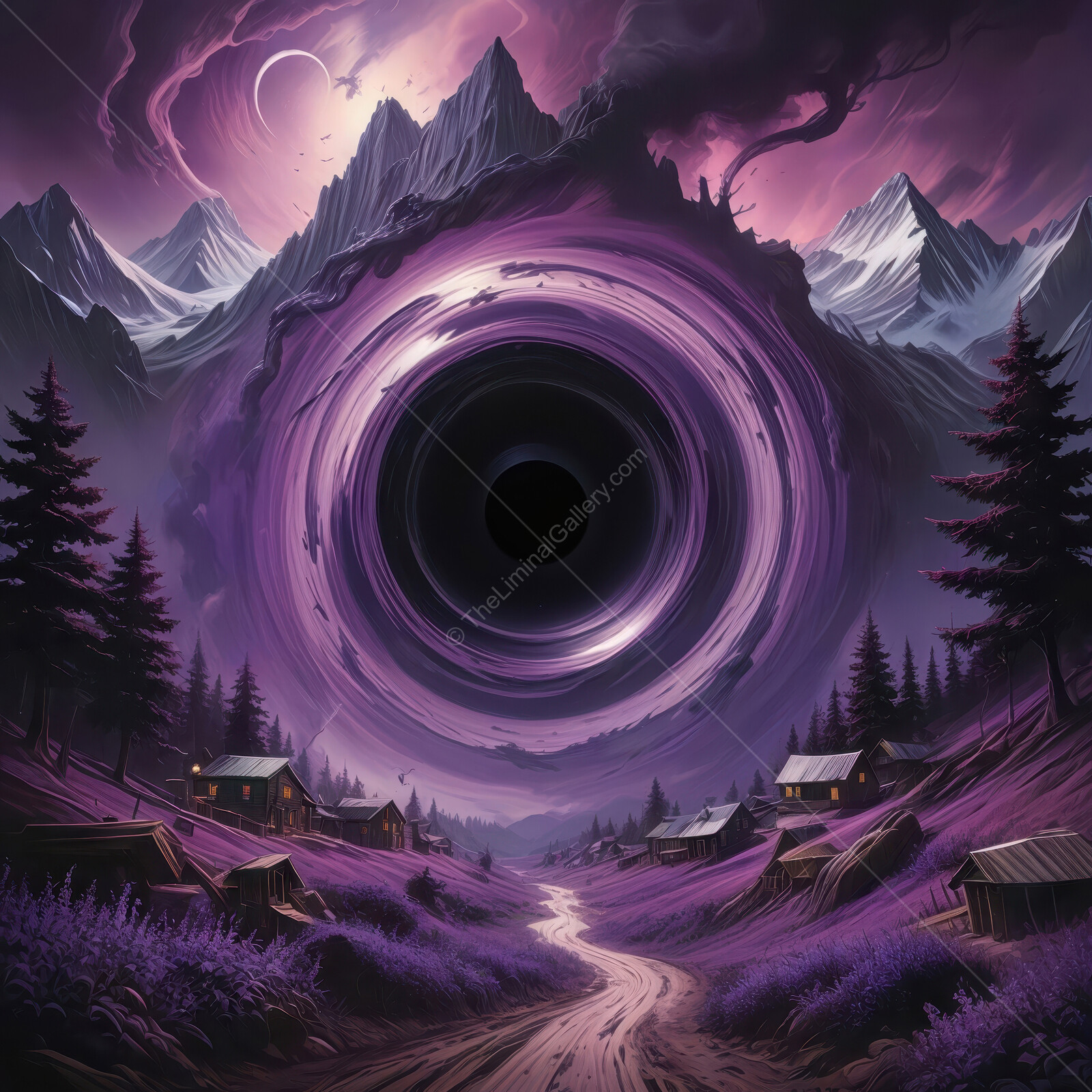 Mystical portal in a serene valley surrounded by mountains at twilight evokes wonder and contemplation