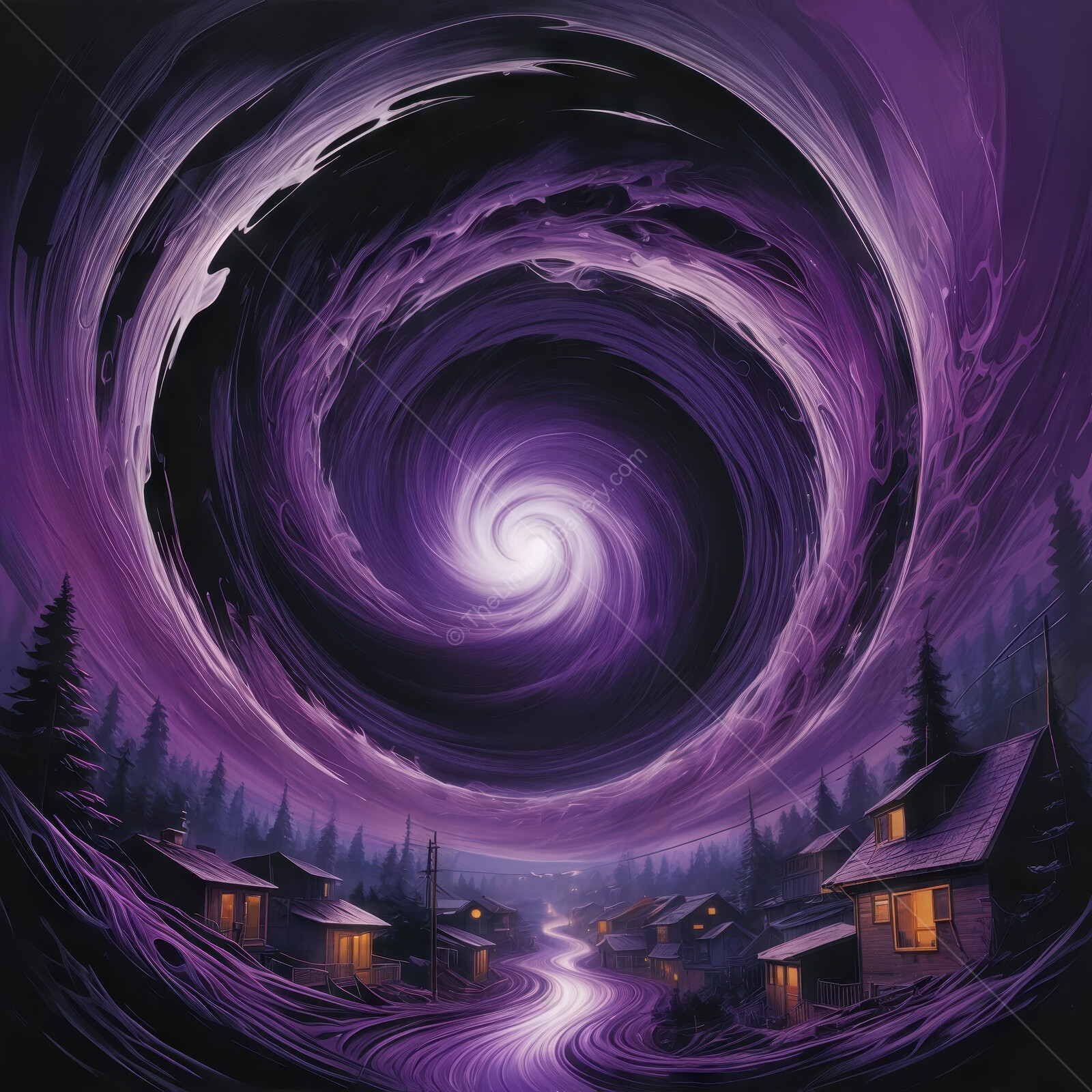 Mysterious portal twists above a quiet village nestled in a twilight wilderness