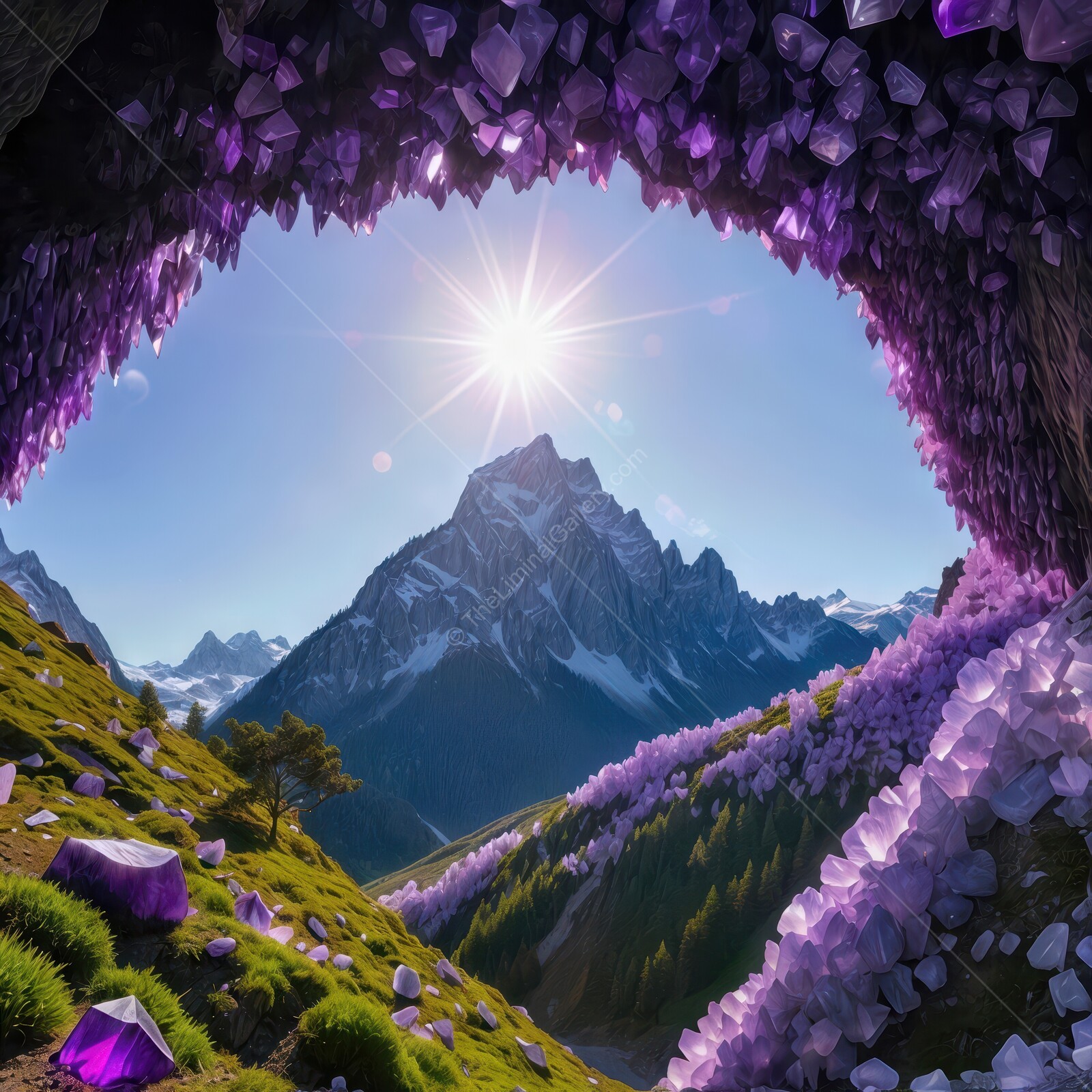 Majestic mountain view framed by stunning amethyst crystal formations at sunrise
