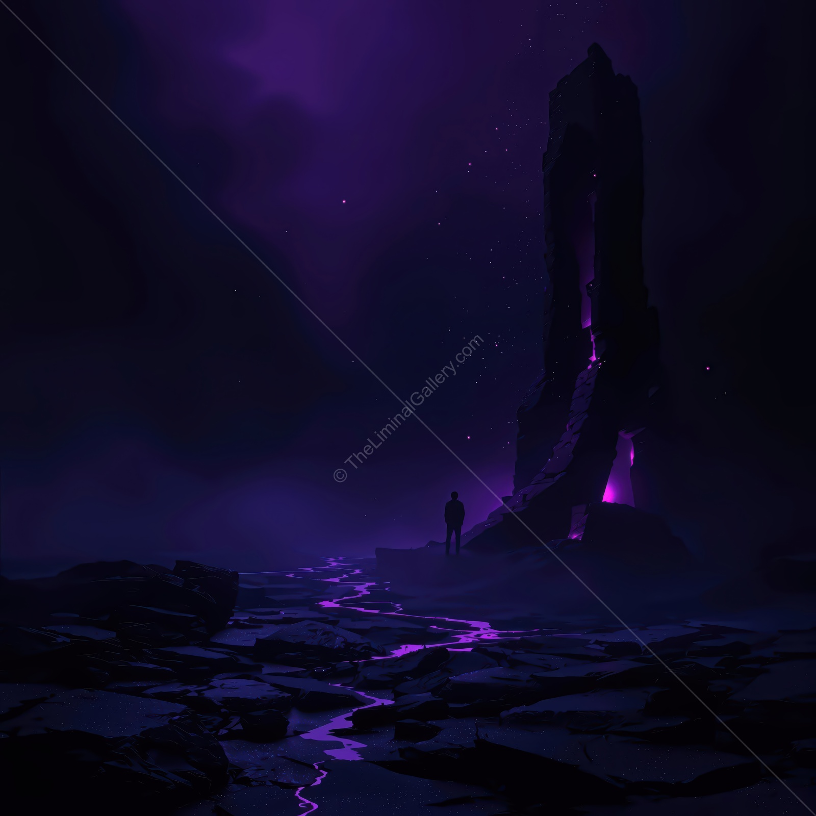 Abandoned realm shrouded in mystery and glowing light beneath a starlit sky