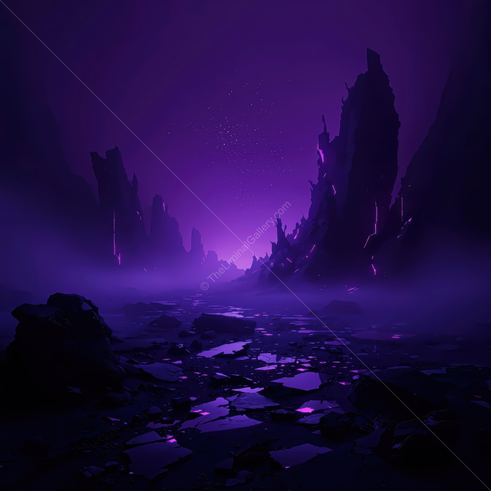 Vast purple liminal space with jagged rocks and reflective surfaces under a starry sky