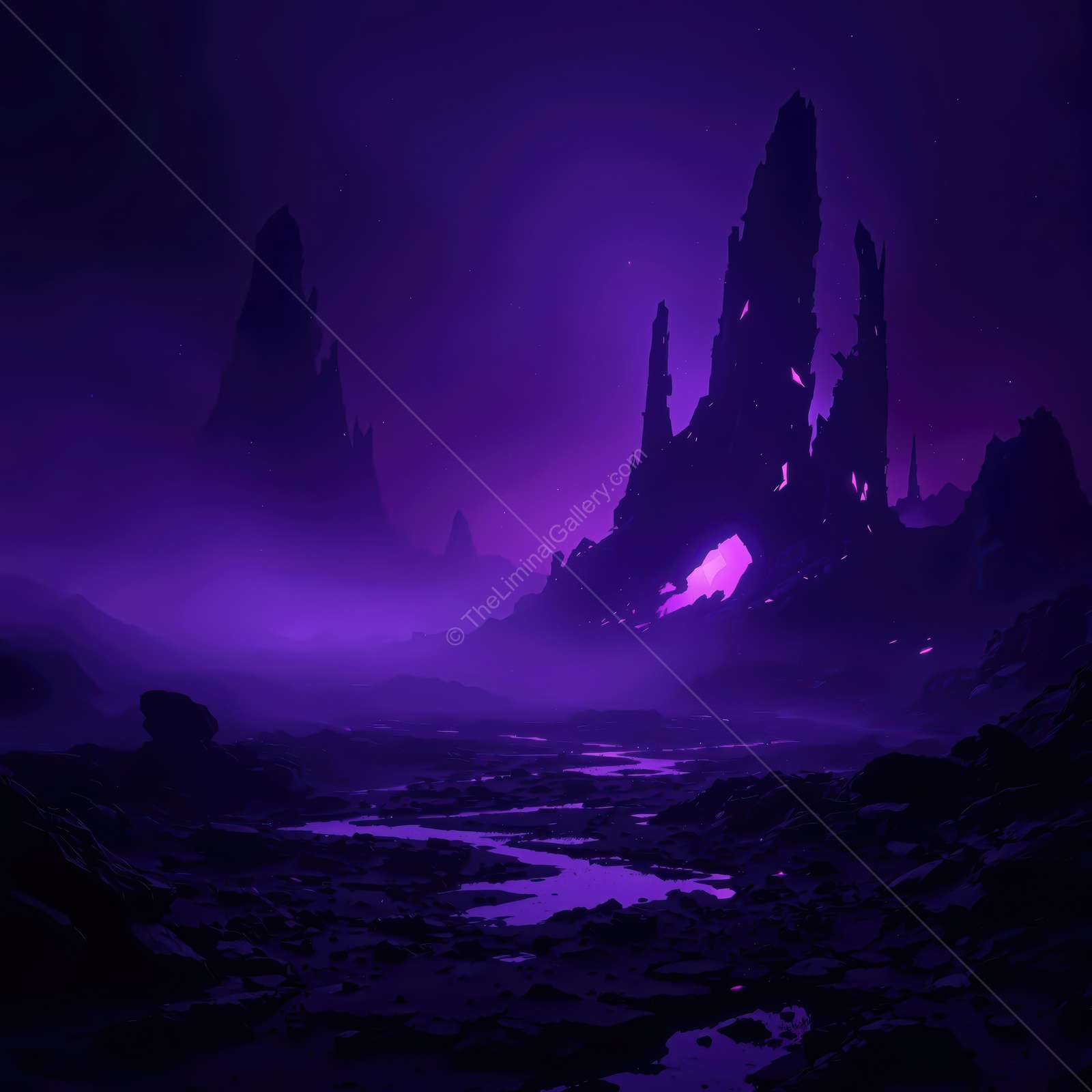 Mystical liminal landscape illuminated by eerie purple glow during twilight