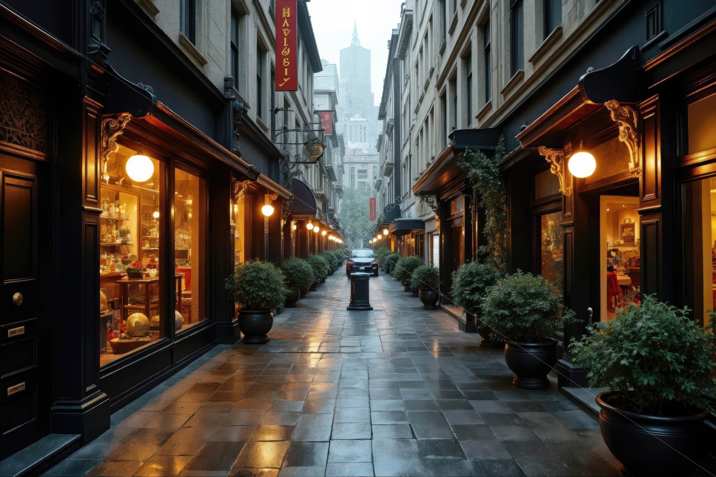 Exploring a quiet alley adorned with vintage shops and soft lights on a misty evening