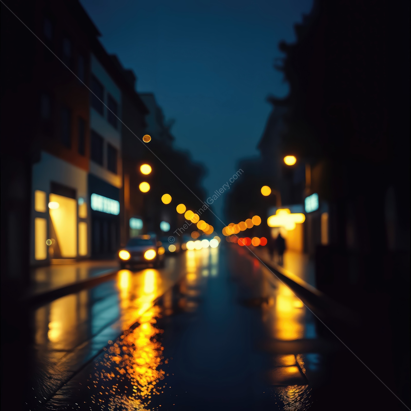 Exploring a quiet, illuminated street on a rainy night filled with reflections and a sense of mystery