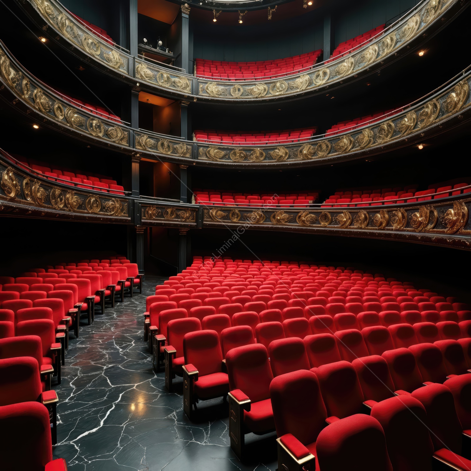 Unoccupied theater with elegant red seats and intricate gold decorations creates a serene liminal space for reflection