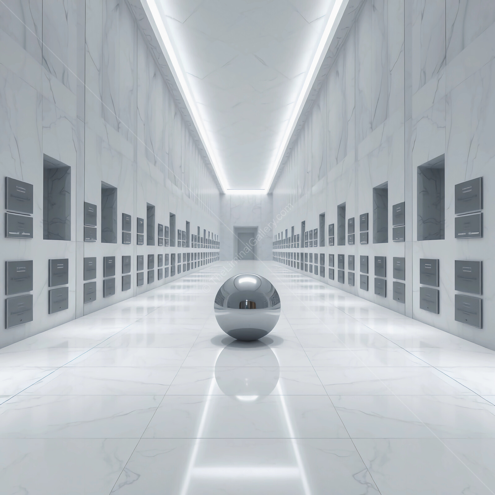 Reflective phantasm-like sphere glimmers in a minimalist corridor of polished marble and modern design