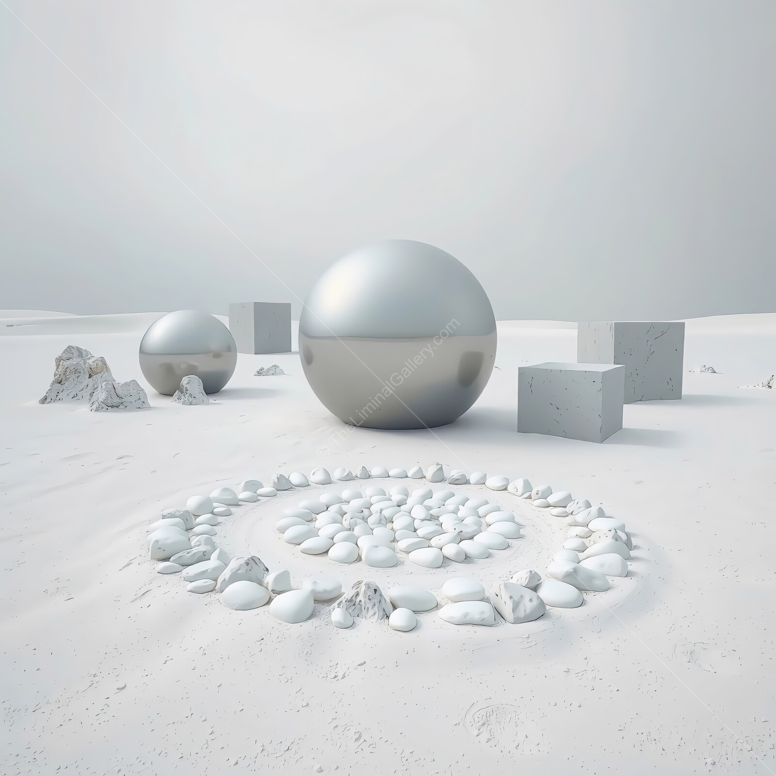 Surreal landscape with reflective spheres and stone arrangement in a snowy expanse