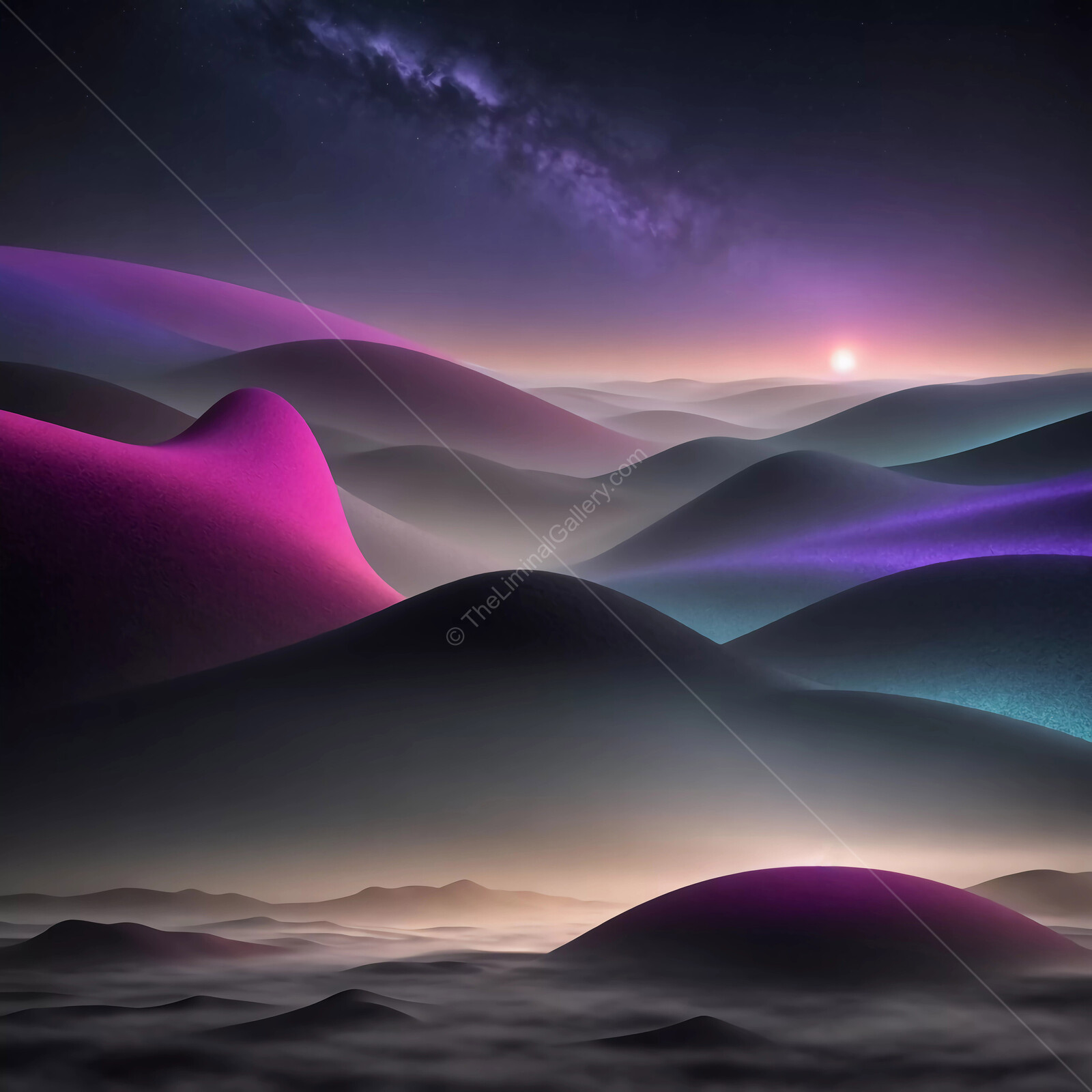 Mystical landscape of rolling hills bathed in ethereal light at dawn