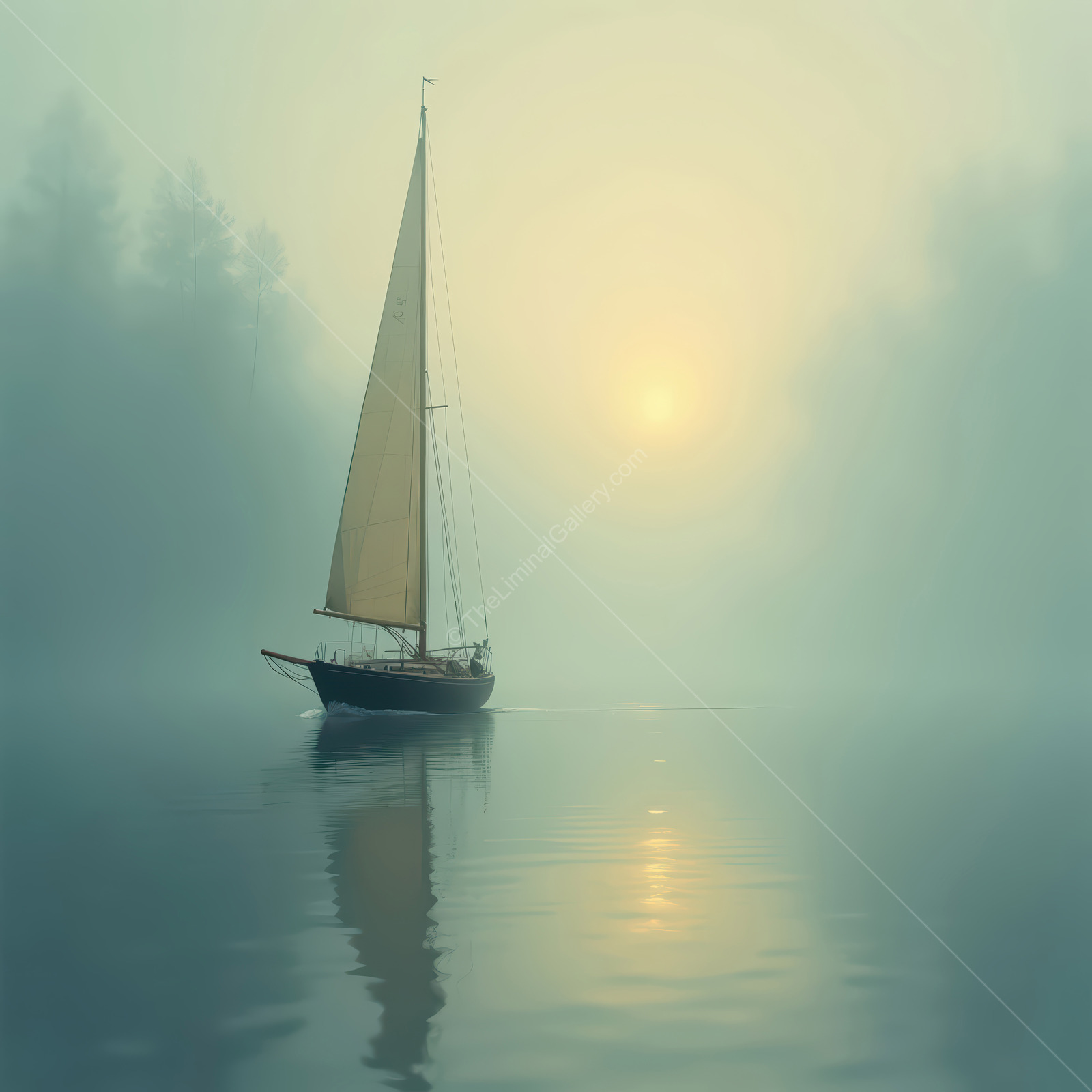 Liminal dawn mist surrounds a gliding sailboat on calm water as sunlight pierces the fog, painting warm hues across a tranquil scene of peace and renewal