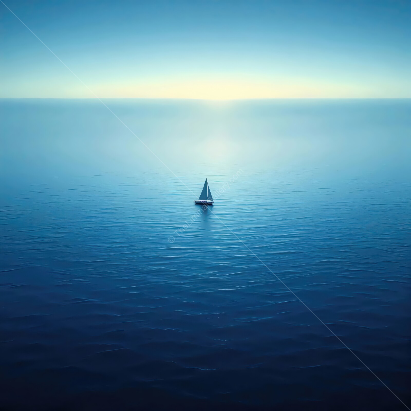 Sailboat gliding through serene liminal waters at dawn under peaceful skies