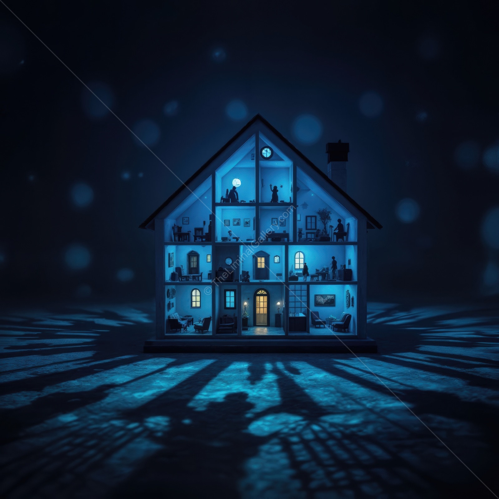 Liminal sapphire glow silhouettes a tiny house beneath night sky, twinkling highlights revealing secret tales and blue-hued dreams hidden among the shadows