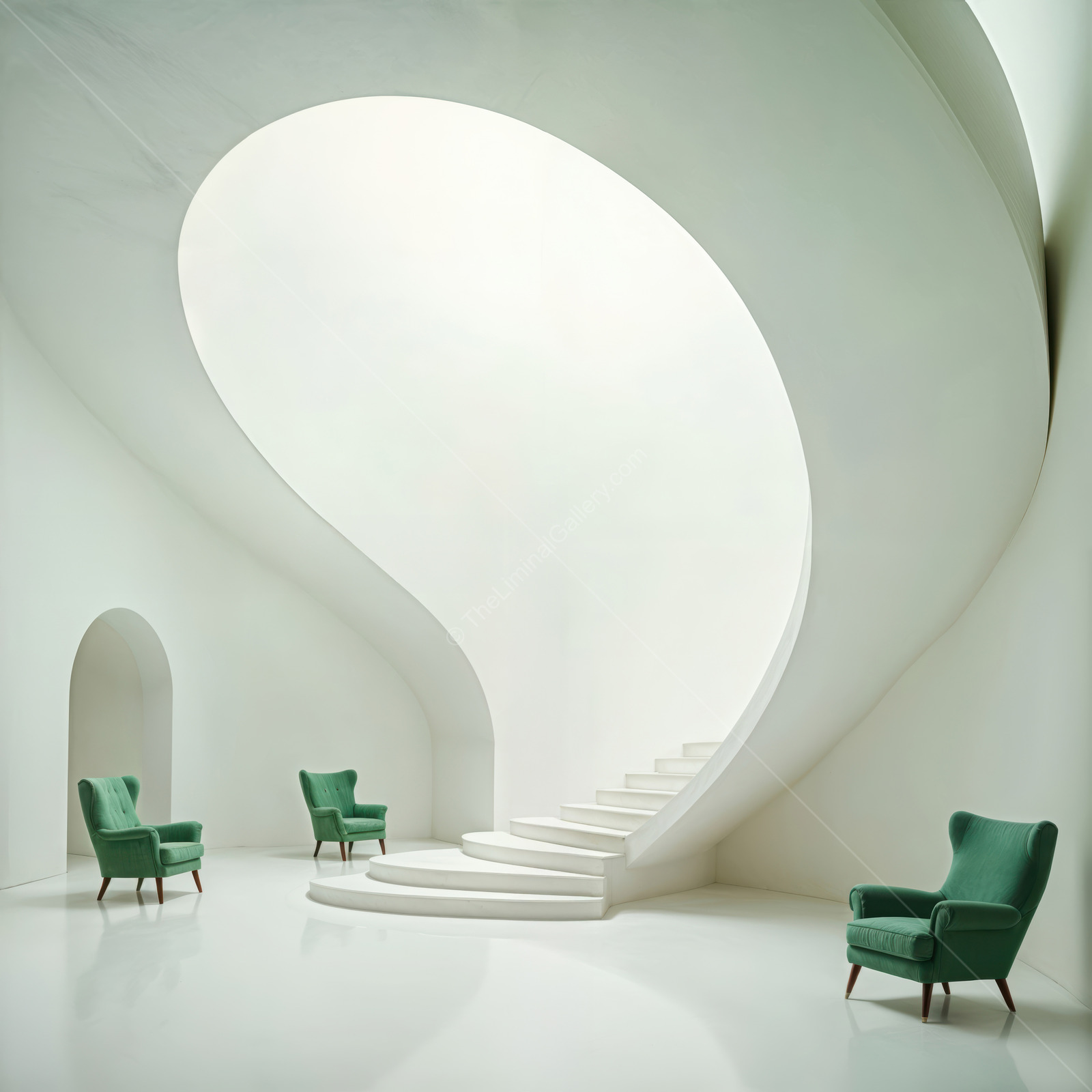 Elegant interior design with a sculptural staircase and green armchairs in a minimalist space, showcasing harmony between modern architecture and comfort