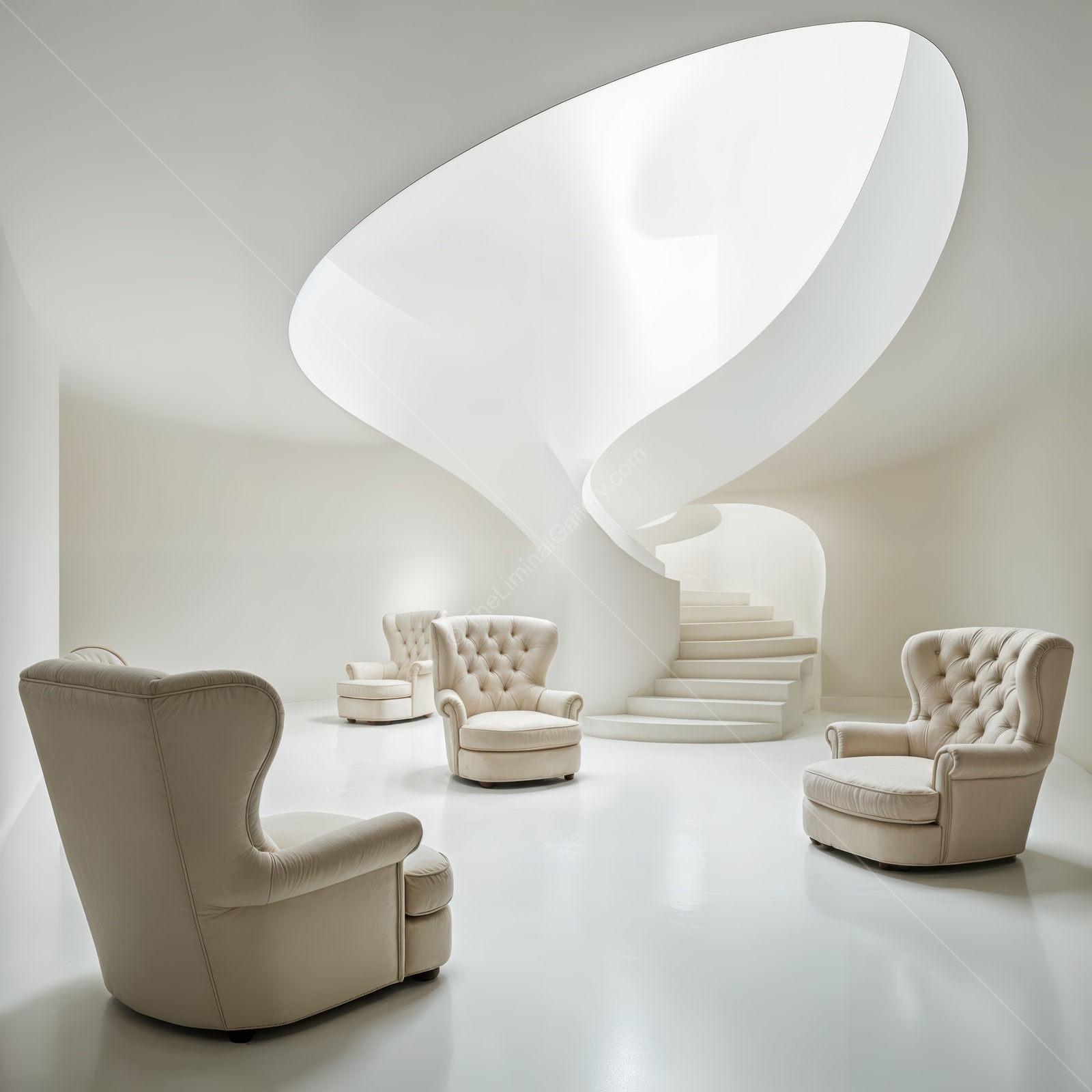 Contemporary lounge centers on sculptural staircase and chic neutral armchairs, establishing harmonious modern atmosphere that feels both refined and welcoming