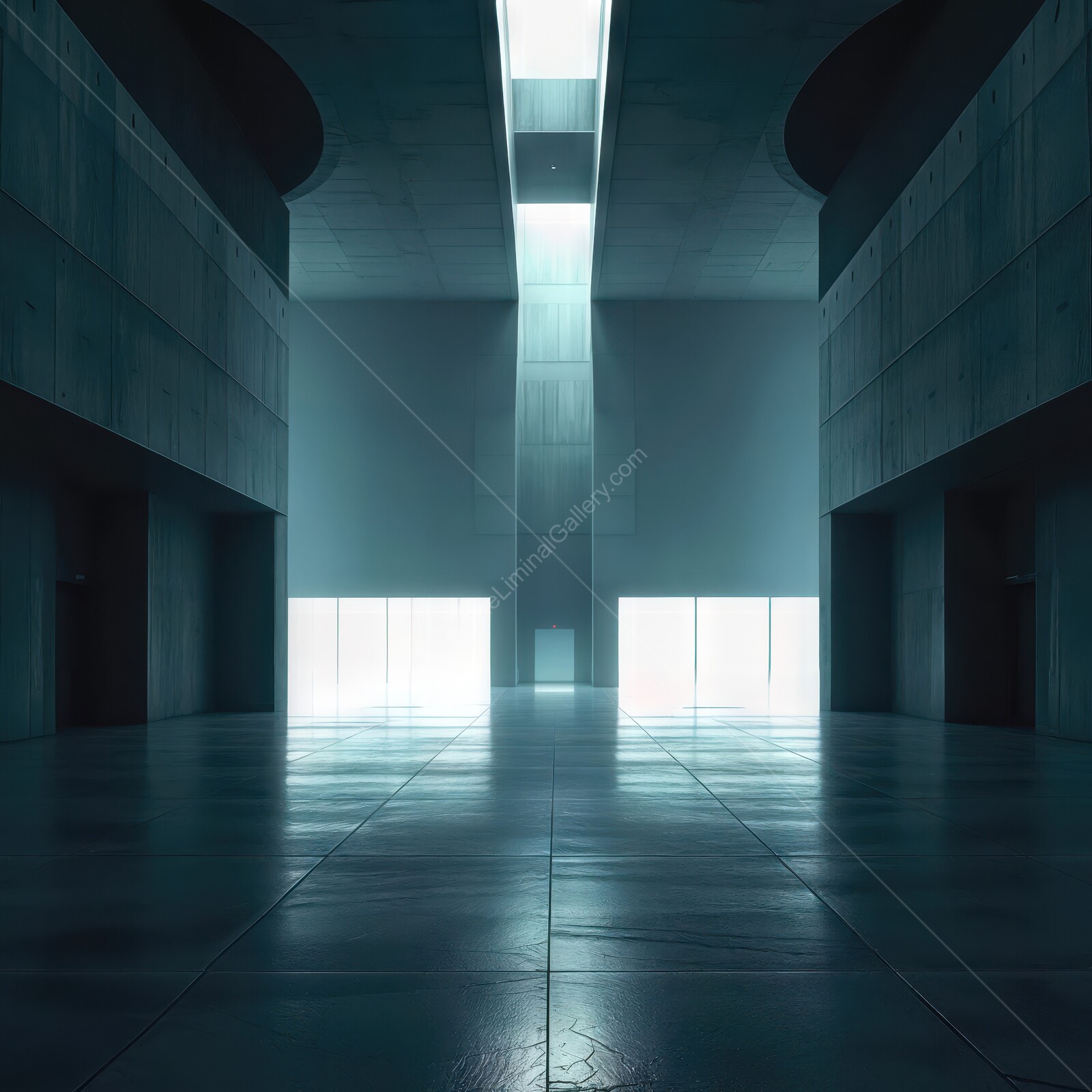 Exploring the serene liminal beauty of a modern architectural space with glowing windows