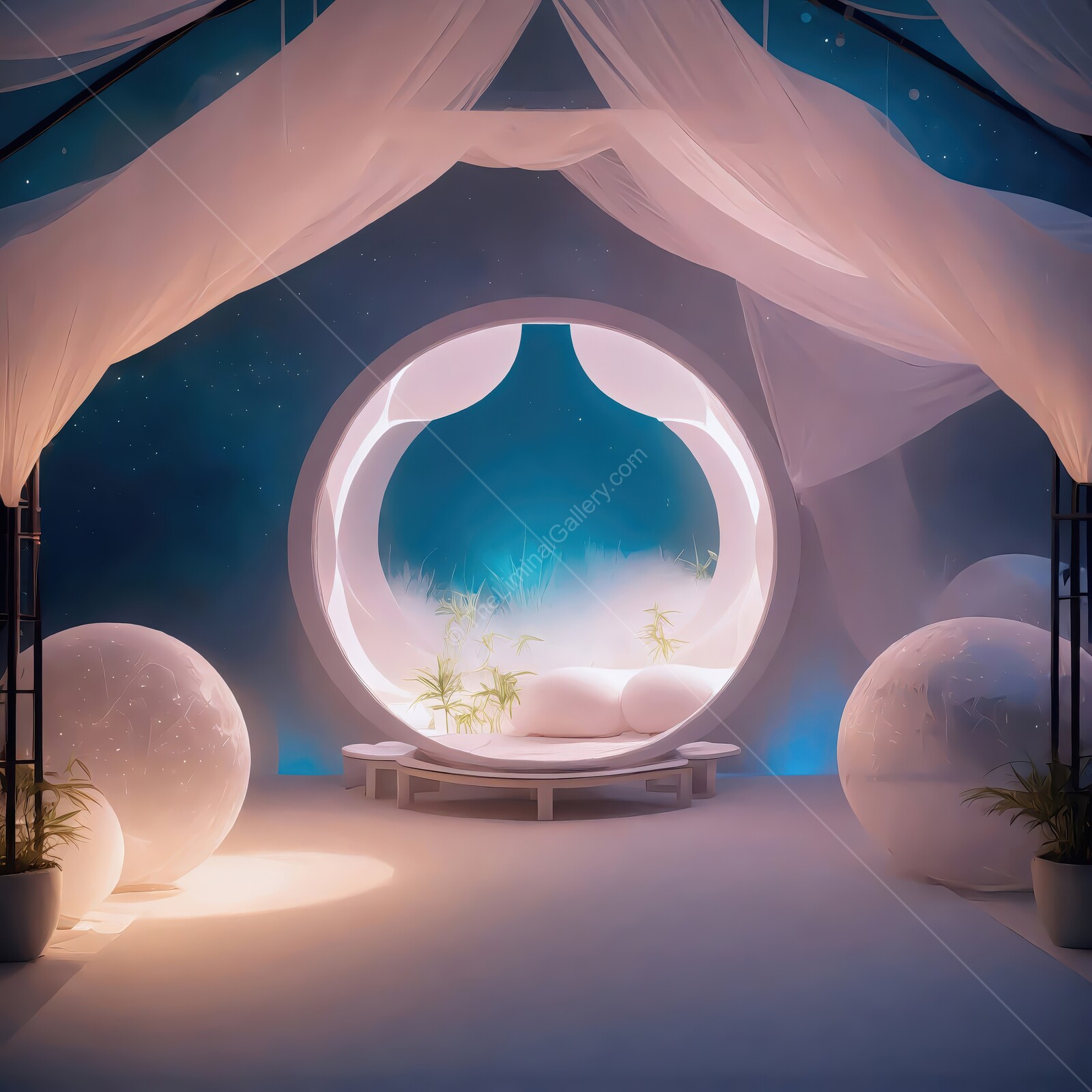 Captivating interior design featuring a serene circular space with soft lighting and tranquil decor elements